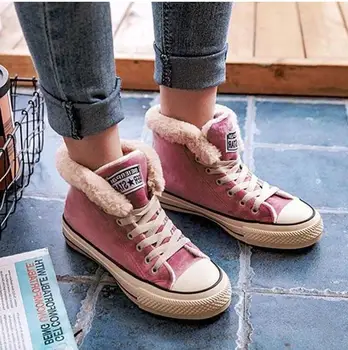 

Winter Shoes Short Plus Velvet Cotton Shoes Soled Ladies Snow Boots Lace Up Female Canvas Shoes Woman Dropshipping