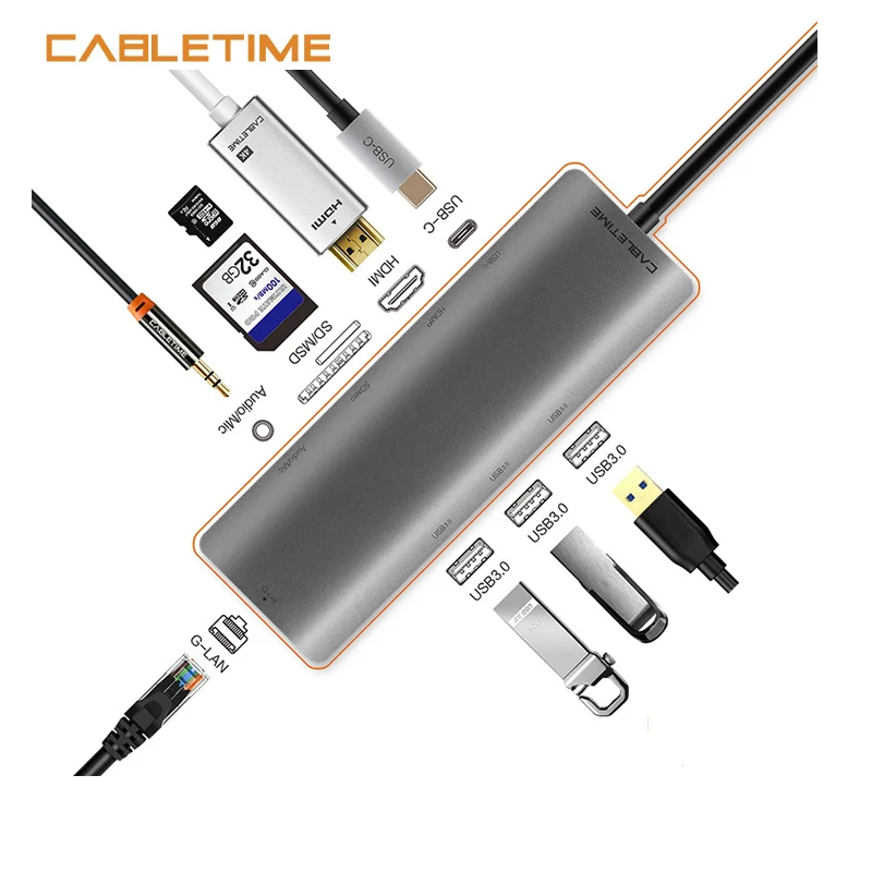 USB хаб Cabletime с C к HDMI RJ45 адаптер 9 в 1 Type 3 0 концентратор SDTF кардридер Ethernet для Samsung Galaxy