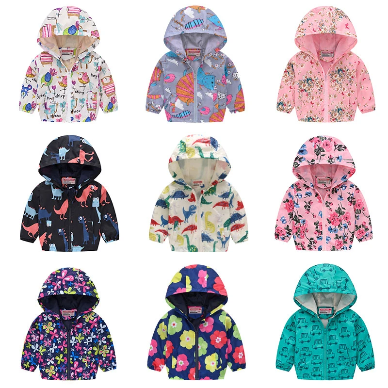 

Kids Girls Jacket Spring and Autumn Flower Cartoon Printed Hooded Coats Kids Clothes for 2-6Y Baby Girl Windbreaker & Coats