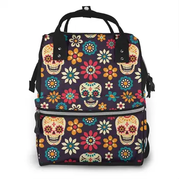 

Mummy Maternity Nappy Bag Sugar Skull Flowers Day Of The Dead Large Capacity Nappy Bag Travel Backpack Nursing Bag for Baby Care