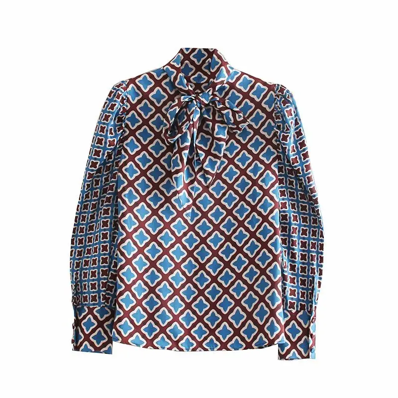 Najtaniej Jesień kobiety elegancki łuk kołnierz drukowanie na co dzień bluzka typu slim urząd lady koszule retro puff rękaw femininas blusas bluzki LS4375