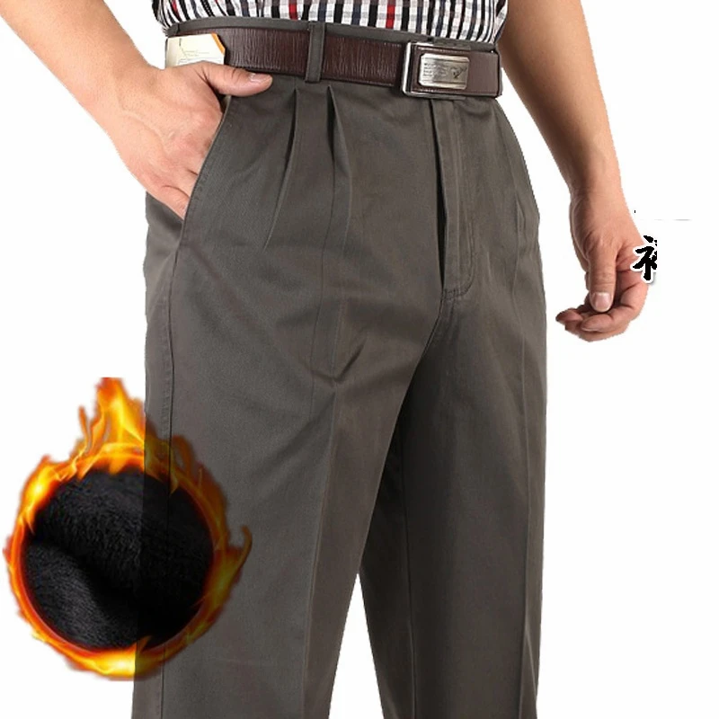 Icpans Warm Thick Fleece Winter Casual Pants Men Loose Straight Classic