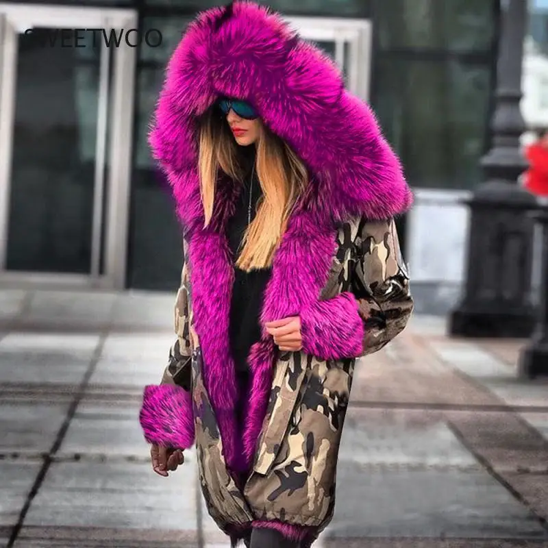 Faux Fur Coats Large Size 2Xl Imitation Mink Fur Long Fox Fur Camouflage Outerwear Fur Coat Winter Luxury Plush Thick Warm Coat