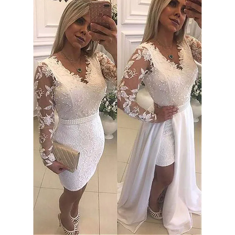 

Fashion Long Sleeves 2 In 1 Evening Dresses 2020 Plus Size Vintage Lace Long Formal Dress Evening gown Prom Party Gowns