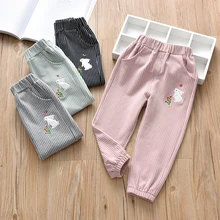 Штаны для девочек детская одежда на весну и осень детские брюки для маленьких девочек, повседневные штаны в полоску с вышитым Кроликом, 90-150