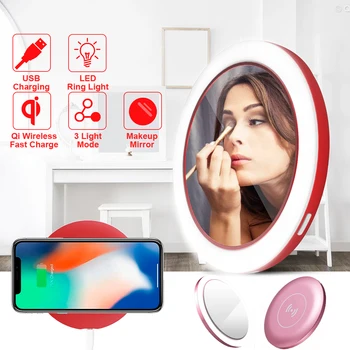 

USB Wireless Charging Base Makeup Mirror Vanity LED Light Mini Portable Night Ring Lamp Lighted Cosmetic Hand Mirrors Tools