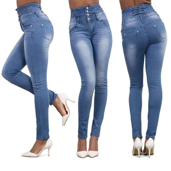 

Stretch Buttons Jeans For Women Elastic Solid Jeans Female Slim Denim Pants Jeans Pantalon Femme