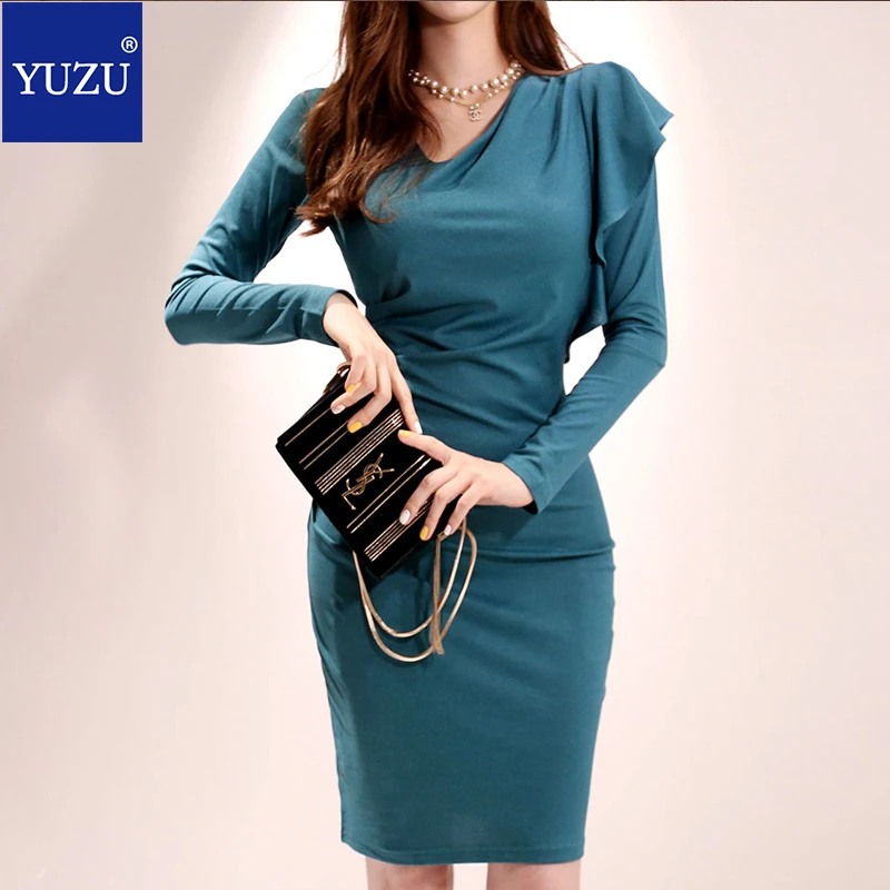 

Elegant Ruffles Draped Turquoise Solid Dress Office Women 2020 Spring Mini V Neck Bodycon Dresses Ladies Boho Trim Mini Dress