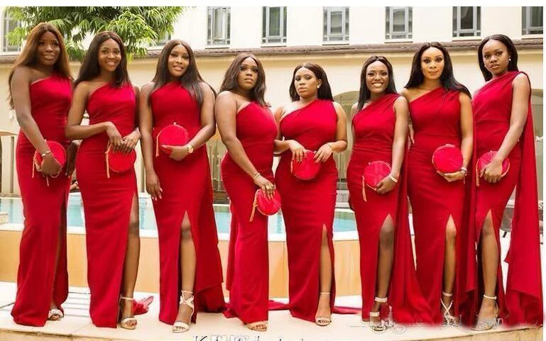Arabic Red Mermaid Long Bridesmaid Dresses One Shoulder Side Split Wedding Guest Dress Cheap Formal Maid of Honor Gowns