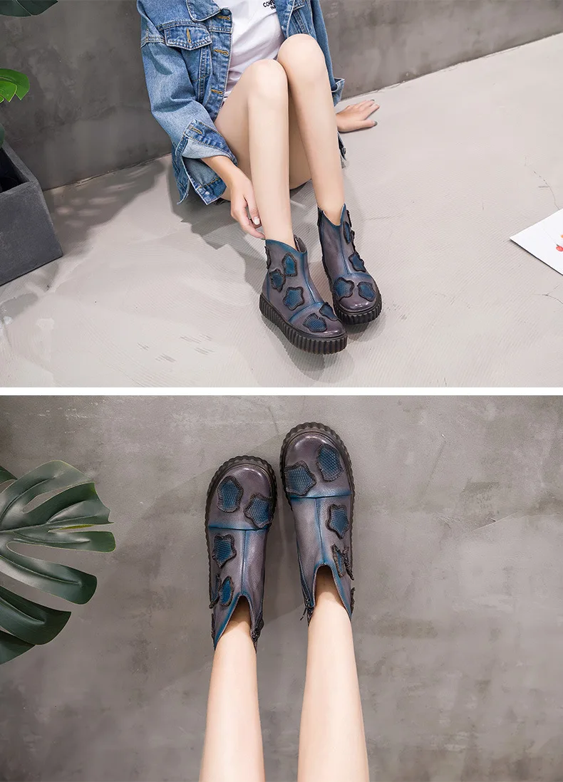 Gykaeo Folk Style Retro Genuine Leather Short Boots Women Comfortable Thick Bottom Roman Cowhide Boots Mother Botines Mujer