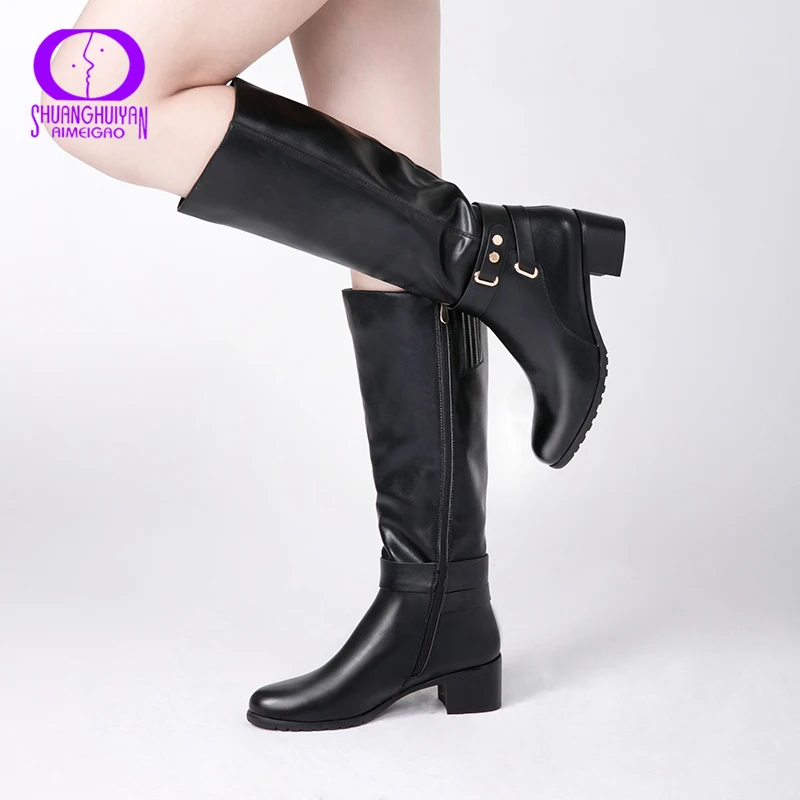 Женские теплые кожаные сапоги AIMEIGAO черные ботфорты на молнии сбоку с круглым