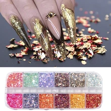12 сетки для ногтей Блестки блестка алюминий нерегулярные хлопья золото серебро пигмент Дизайн ногтей украшения зеркальный блеск фольга бумага