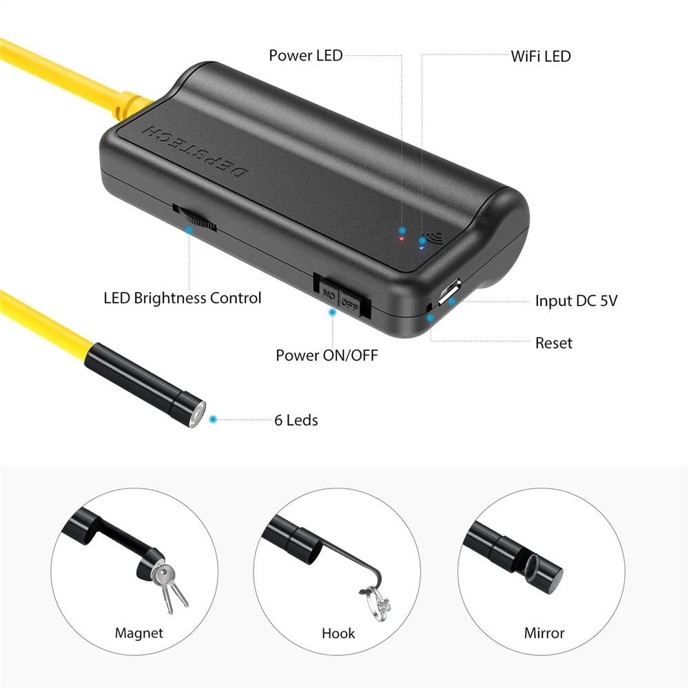 Câmera de Inspeção Ultra-fina do Endoscópio de Depstech Cabo Semi-rígido Impermeável Ip67 Snake Câmera 720p 1mp Borescope Usb 5.5mm 6 Câmeras de vigilância