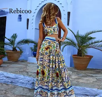 

Boho New Women Two Piece Set Sexy Crop Tops and Long Skirt Short Floral Print Suits Bohemian High Waist Casual Flower Print Set