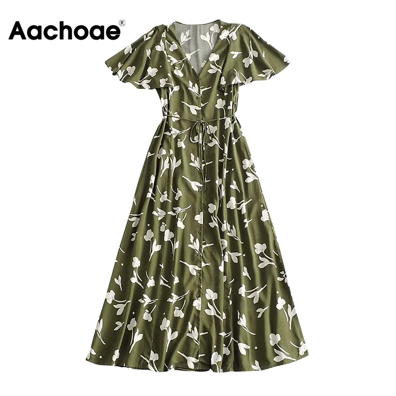 Aachoae V Neck Floral Printed Long Dress Women Summer Flare Short Sleeve Party Maxi Dress Button Bandage Vintage Dresses Vestido Aachoae V Neck Floral Printed Long Dress Women Summer Flare Short Sleeve Party Maxi Dress Button Bandage Vintage Dresses Vestido