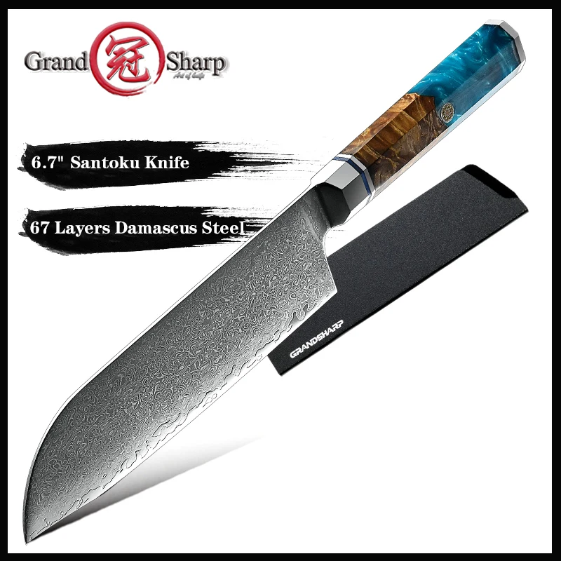 

Grandsharp 6.7 Inch Santoku Chef Knife Kitchen Knives Japanese Damascus AUS-10 Steel Sharp Blade Meat Fish Salmon Cutting Tools