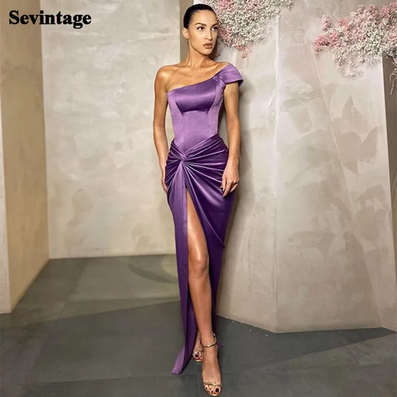 

Sevintage Simple Mermaid Evening Dress Satin Pleats Split One Shoulder Prom Gowns Floor Length Formal Women Party Dresses