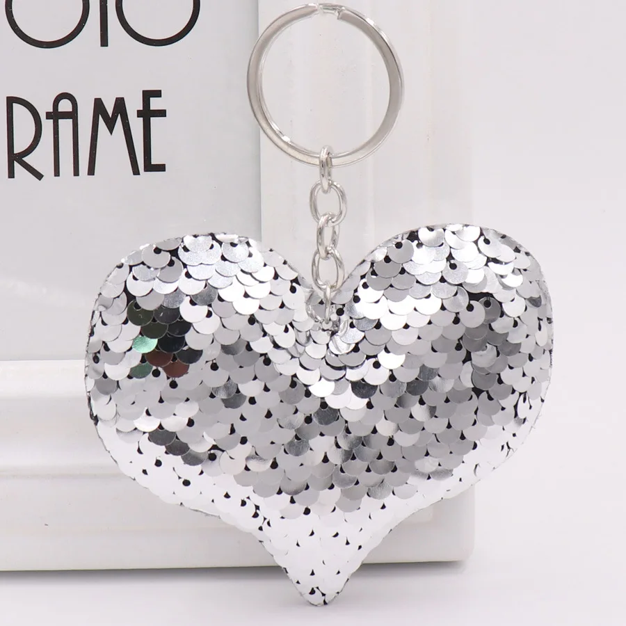 Honbay 4pcs Sparkly Sequins Keychains Love Heart Shaped Keychains Party Favors Car Keychain Handbag Hanging Ornament Backpack Keychain, for