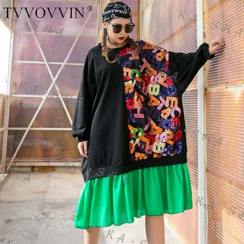 

Loose Tide Brand Plus Size Dress Women Letter Sequin Stitching Ruffled Midi Dresses Loose Trend Bat Sleeve Spring DMY3401