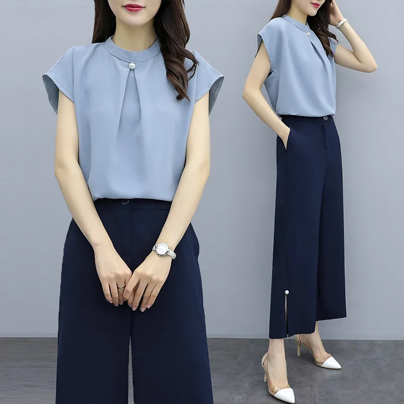 

2019 Summer Wear New Style Fashion Pearl Decoration Elegant Chiffon Tops + Loose Pants Two-Piece Set