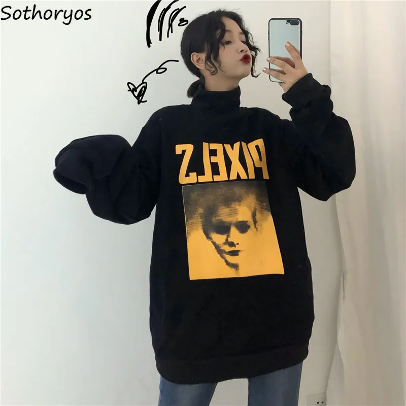 

Hoodies Women Print Pullover Turtleneck Fashion Ulzzang Streetwear Harajuku Soft Loose Large Size Plus Velvet Womens Sweatshirts