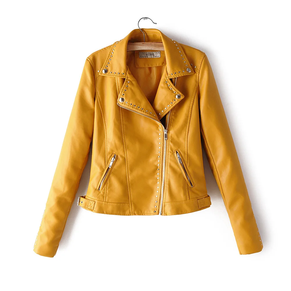 Осенняя женская короткая куртка из искусственной кожи, модная, в Корейском стиле, с заклепками, в стиле панк, Байкерская, высокая уличная куртка, плюс размер, Рождественская верхняя одежда - Цвет: Yellow