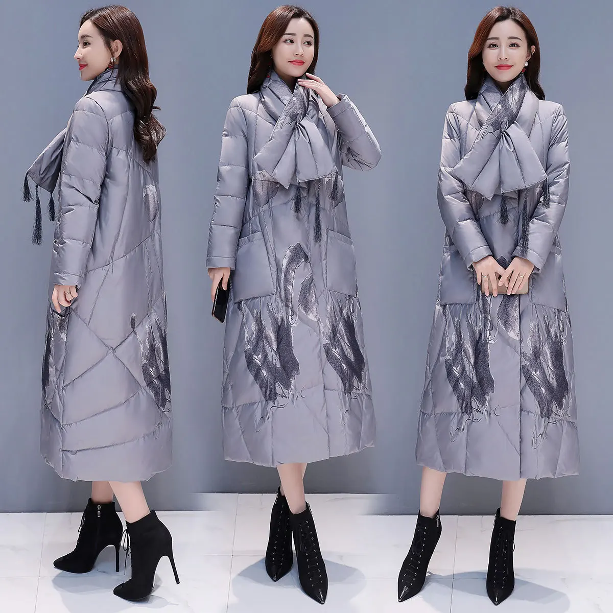 

2019 Winter New Style Ink Printed Cotton Coat Chinese-style Women's Retro Cotton-padded Clothes Mid-length over-the-Knee Cotton-