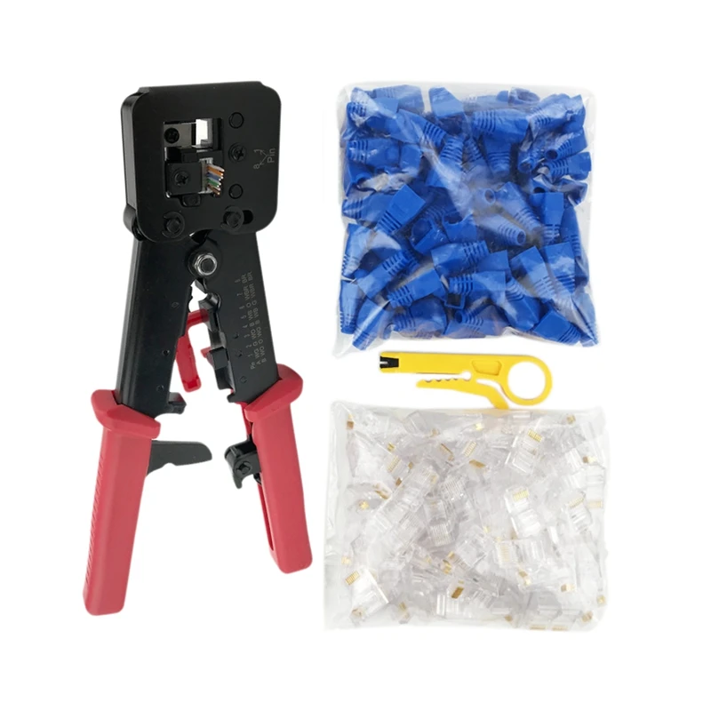 

RJ45 Crimp Tool Pass Through Cat5 Cat5E Cat6 Crimping Tool for RJ45/RJ12 Regular and End-Pass-Through Connectors with 100PCS Con