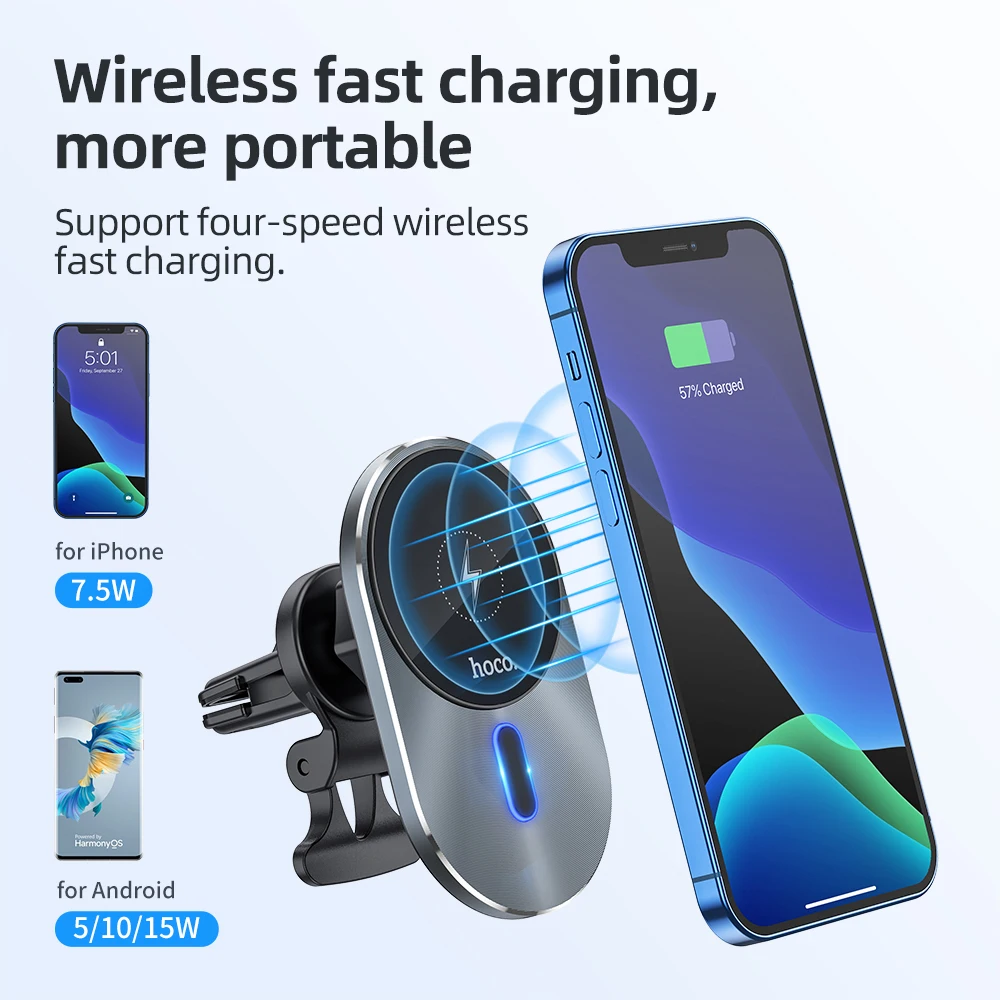 Hoco 15W Magnetic Wireless Air Vent Charger For iPhone 12 Pro Max Business Style Wireless Charger in Car Fast Charging Holders magsafe duo charger