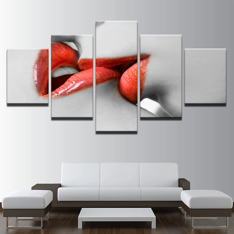

Canvas Wall Art Pictures HD Prints Living Room Decor 5 Pieces Woman Red Lipstick Paintings Modular Frame Red Lips Kiss Posters