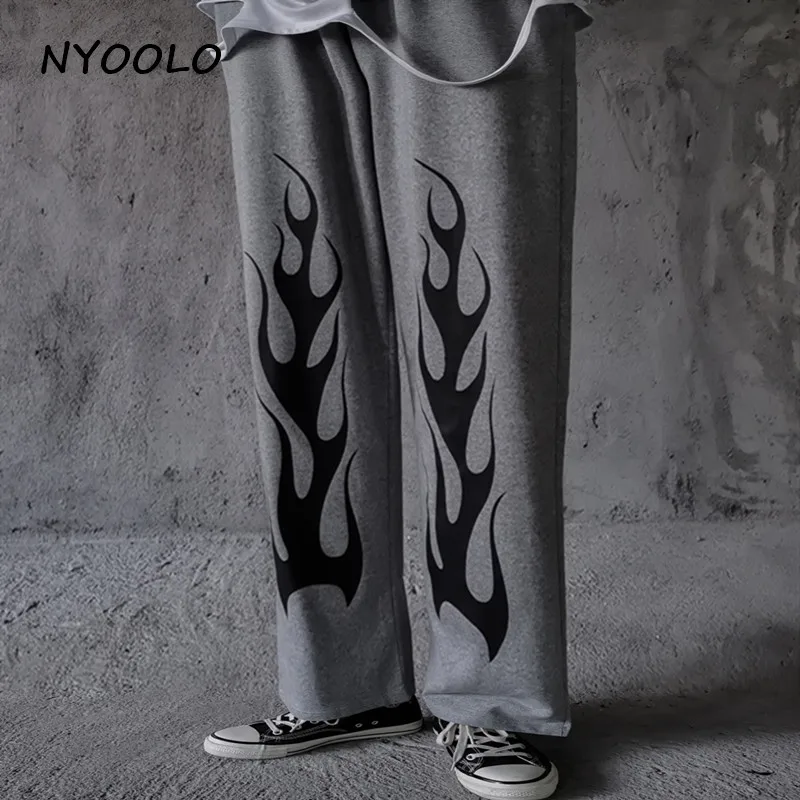 NYOOLO Harajuku стиль винтаж пламя печати jogger брюки осень уличная эластичная талия Полная длина Прямые брюки женские мужские