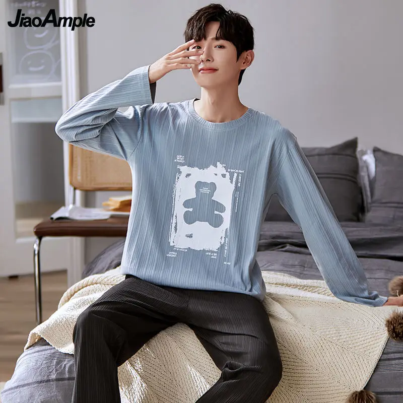 Men's Pajamas 2022 Spring Autumn New Cotton Long-sleeved Trousers Pijamas Set Korean Cute Casual Sleepwear Home Clothes Suit