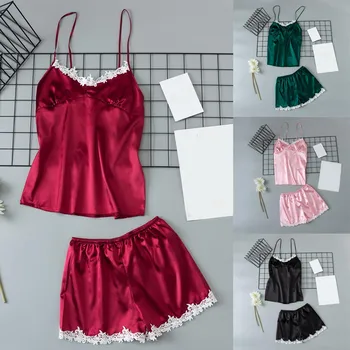 

2pcs Pajamas SetWomen's Sexy V-NECKLace Sleepwear Lingerie Sleepwear Sexy Sling Pajamas Set @7