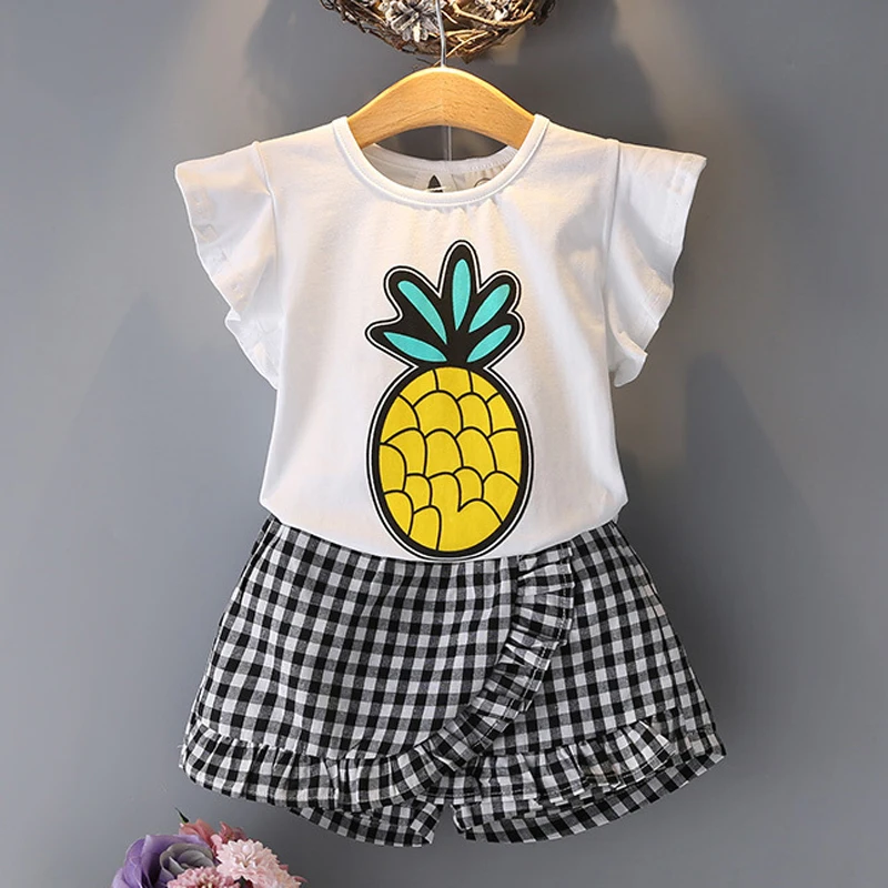 2022 Summer Girls' Clothing Sets Cute Princess Fruit T-Shirt +Printed Plaid Skirt 2PCS Suit Kids Clothes Children Clothing
