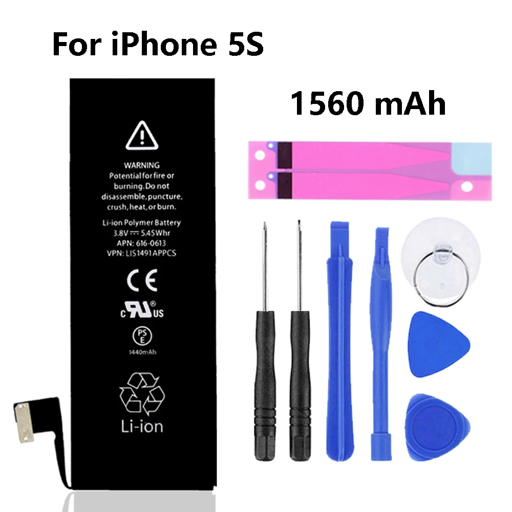 Аккумулятор для телефона большой емкости для iPhone 6S, сменный аккумулятор SE 5S, встроенный ионный аккумулятор для iPhone 6 6Plus с набором инструментов - Цвет: For 5s  1560mAh