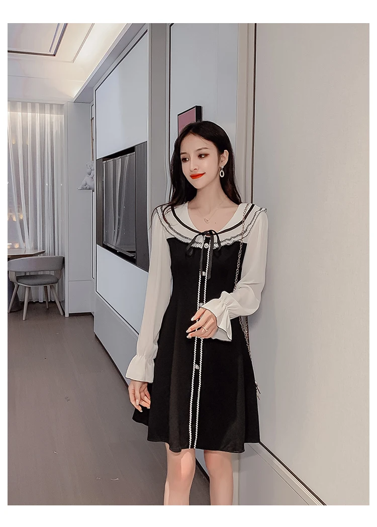 Kawaii, мини платье, женское, из кусков, на шнуровке, черного цвета, милые женские платья, линия, зима, осень, элегантное платье с длинным рукавом