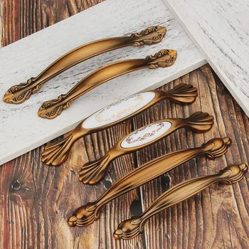 

European Antique Yellow Bronze Drawer Handle Modern Cabinet Door Handle and Knob American Furniture Hardware Wardrobe Handle