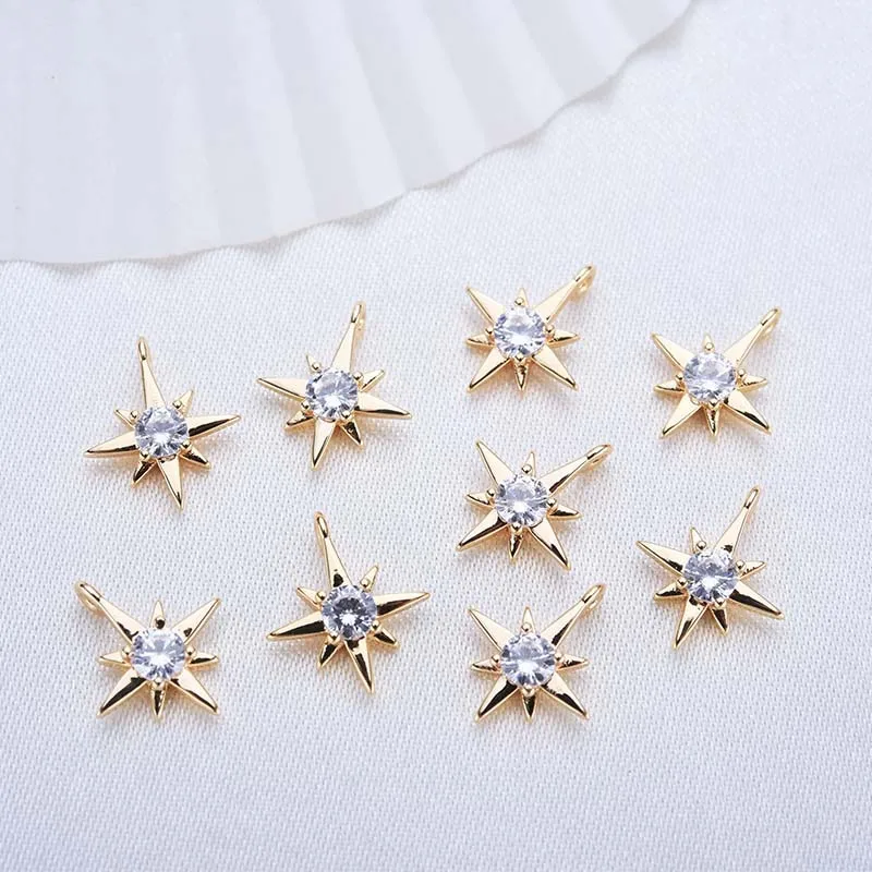 6PCS 11MM 24K Gold Color Plated Brass with Zircon explosion Six-star Charms Pendants High Quality Diy Jewelry Accessories