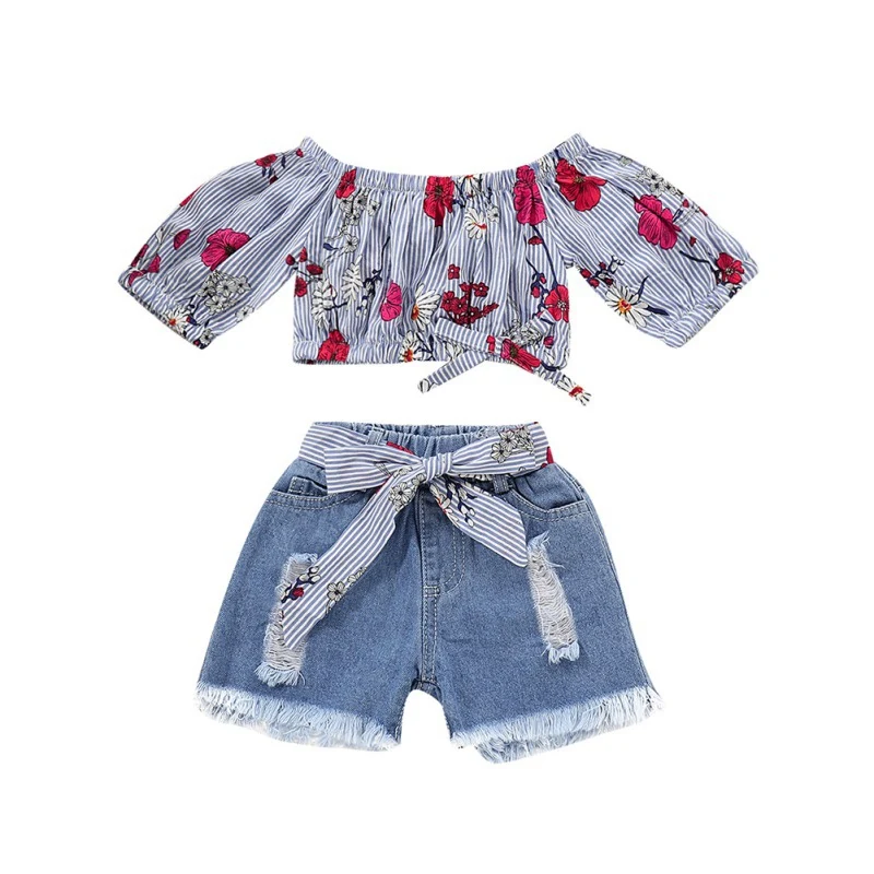

Summer Baby Kids Girls Clothes Set Printing Flower Floral Off Shoulder Top Shirt + Shorts Bow Hole Pants Outfits Sets 2PCS #E