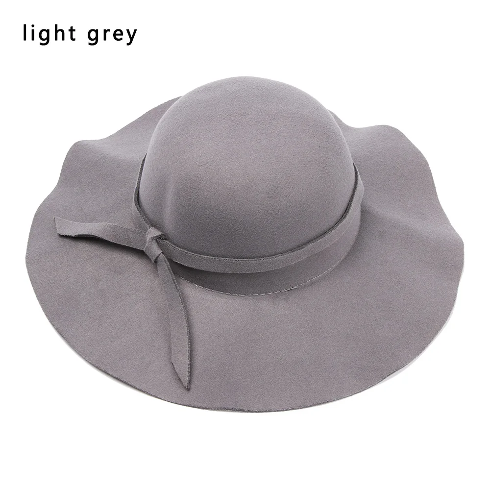 light grey Модная Классическая винтажная шерстяная фетровая шляпа с элегантным бантом и широкими полями, джазовая Кепка для женщин на осень и зиму, милая ковбойская шляпа - Цвет: light grey