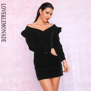 

LOVE&LEMONADE Black V-Neck Off-The-Shoulder Velvet Fabric Slim-Fit Bubble Long-Sleeved Party Dress LM81962