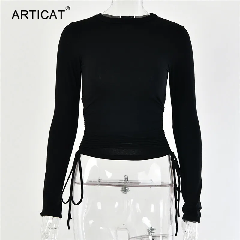 Articat Drawstring Ruched облегающая футболка женская с длинным рукавом и круглым вырезом Стрейчевые однотонные Короткие топы Базовая Повседневная Женская одежда