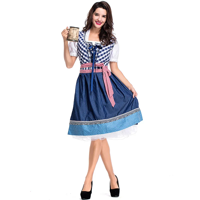 Для женщин Октоберфест Dirndl Германия, Бавария синее платье в клетку, фартук, комплект костюм пива вечерние бар нарядное платье