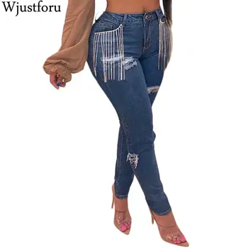 

Wjustforu fashion Ripped Tassel Jeans Women Bodycon Casaul Hole Pencil Denim Pants Female Sexy Elegant Club Jean Pants Vestidos