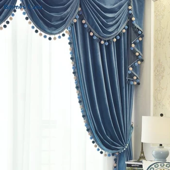 

New Color Velvet Blackout Window Curtain with Pompon Decoration Ball High Shading Solid Color Curtain for Living Room Bedroom