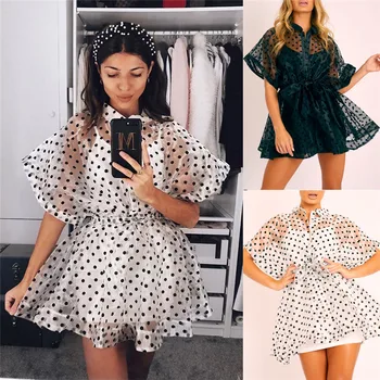 

Fashion Women Polka Dot Bikini Cover Up Loose tunic Beach Dress Elegant Mesh Sheer Summer Playa Swimsuit ladies Beachwear