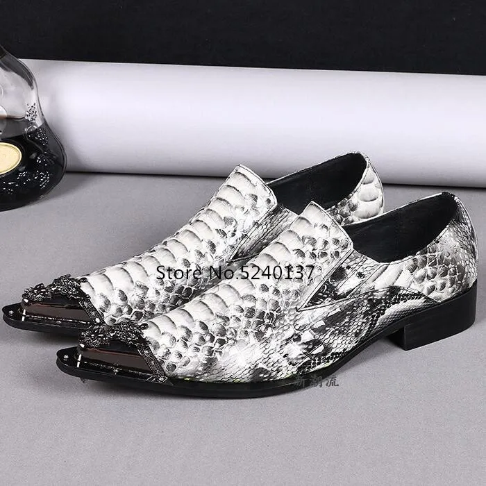Metal Toe Snake Pattern Men Dress Shoes Slip-on Pointed Toe Genuine Leather Square Heel Massage Shoes Men - Цвет: as pic
