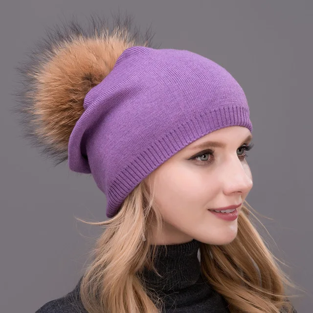 herbst зима mutzen Hut унисекс Gestrickte Wolle Skullies beilyaufige Каппе Mit Echt wachbären Pelz pom Solide Farben Sk - Цвет: COLOR8