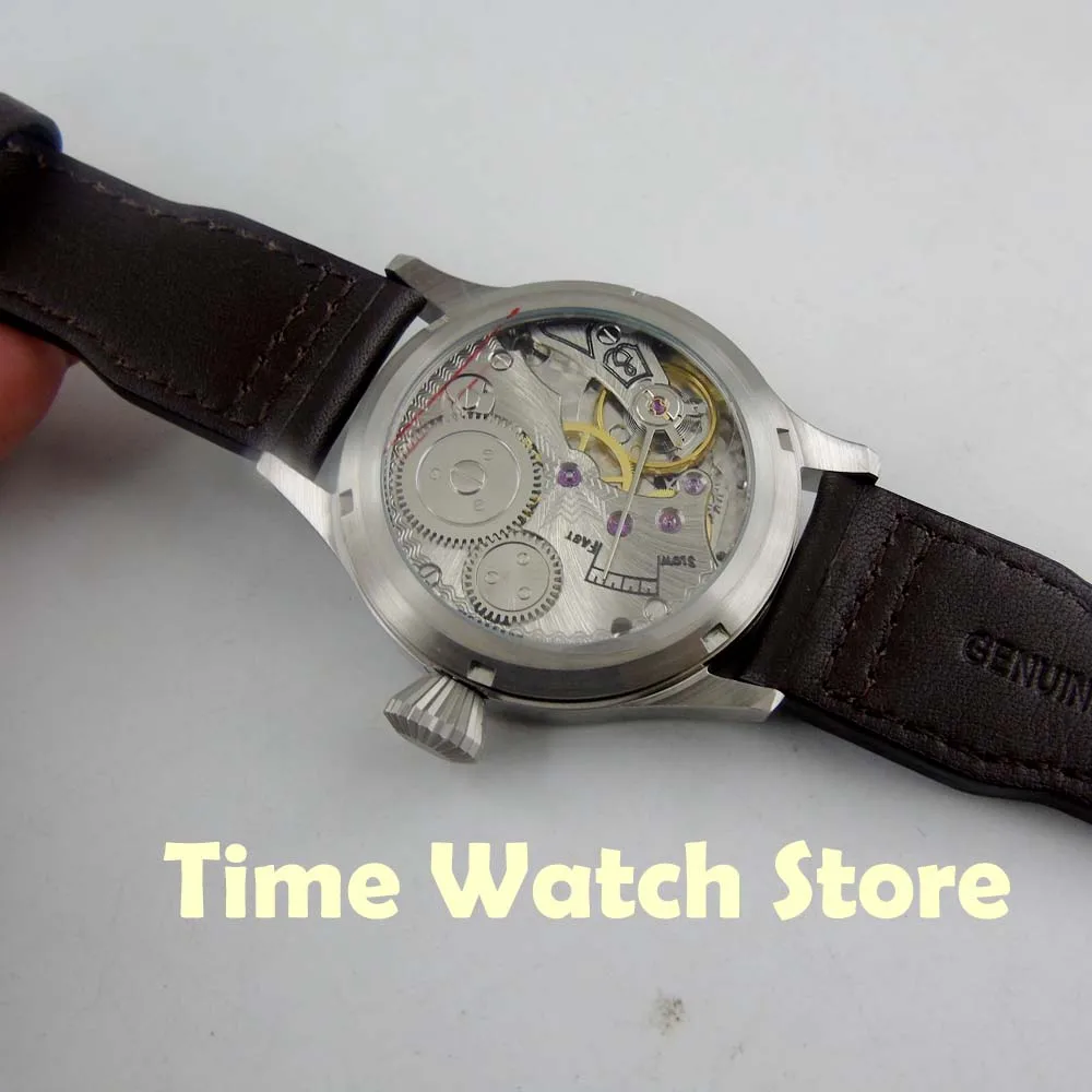 

43mm 17 jewels 6498 hand wind men's watch brushed case sapphire glass black dial waterproof leather strap