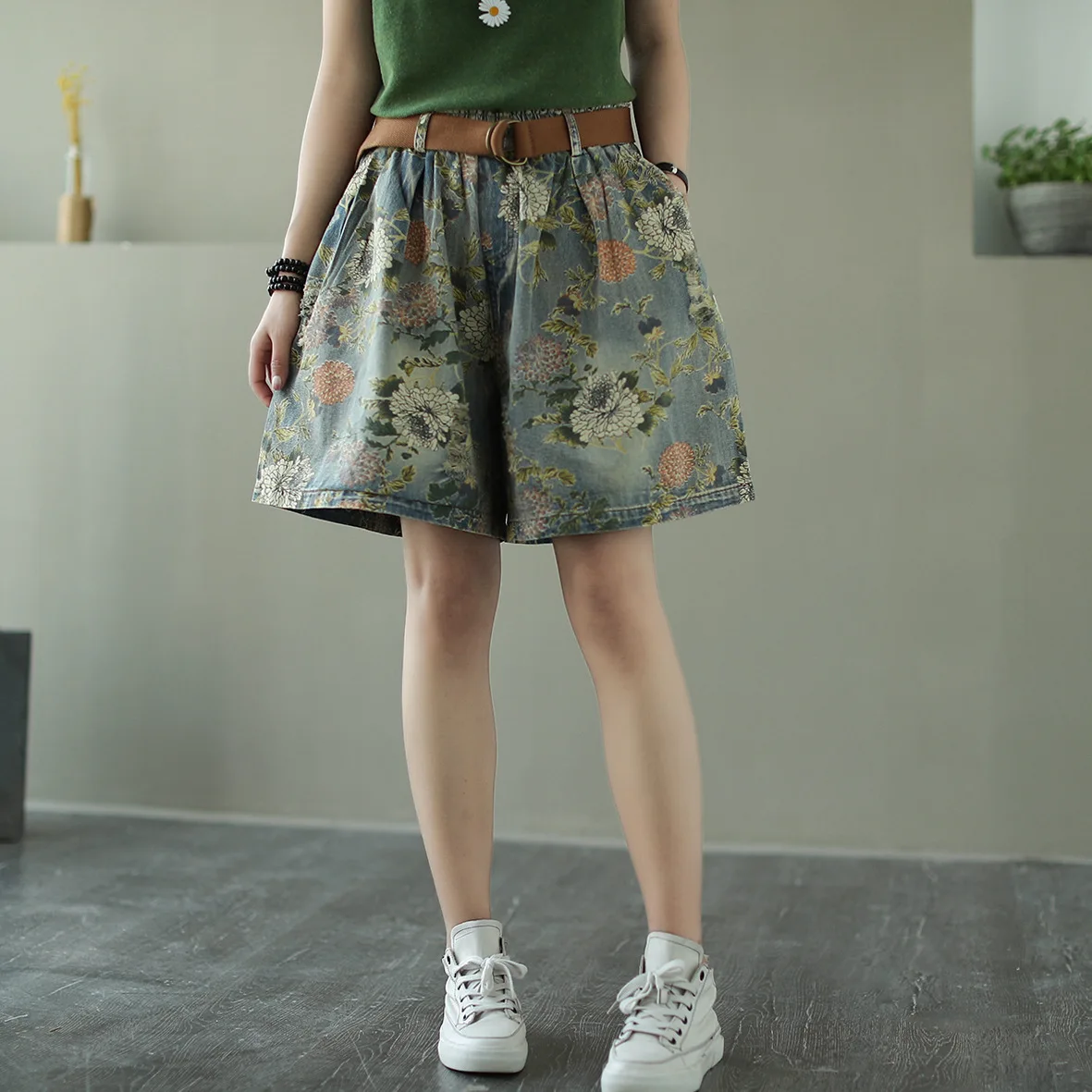 

Summer High Waist Denim Shorts Women Casual Shorts Vintage Floral Print Wide Leg Jeans Streetwear Short Haren Pants Ropa De Muje
